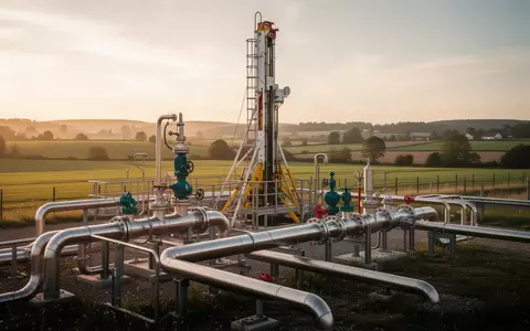 Moderne Erdgas-Förderanlage in einer ländlichen Landschaft bei Sonnenuntergang. - Foto: über boerse-global.de