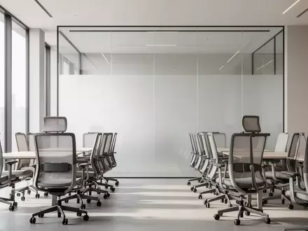 Ein minimalistisches, helles Büro mit leeren ergonomischen Stühlen vor einer großen Glaswand bei natürlichem Tageslicht. - Foto: über boerse-global.de