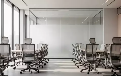 Ein minimalistisches, helles Büro mit leeren ergonomischen Stühlen vor einer großen Glaswand bei natürlichem Tageslicht. - Foto: über boerse-global.de