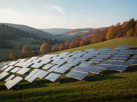 Weitläufige Solarthermie-Anlagen auf einer grünen Hügellandschaft unter einem klaren Herbsthimmel. - Foto: über boerse-global.de