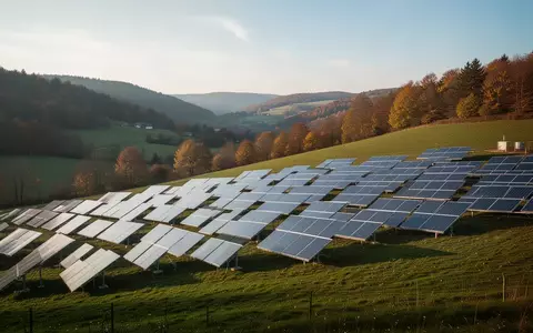Weitläufige Solarthermie-Anlagen auf einer grünen Hügellandschaft unter einem klaren Herbsthimmel. - Foto: über boerse-global.de