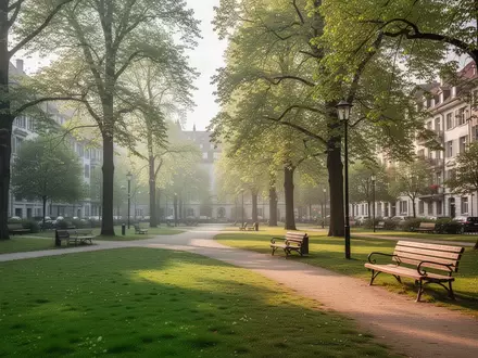 Ein sonniger, gepflegter Stadtpark in Zürich mit Gehwegen, Bäumen und Bänken in einer Wohngegend. - Foto: über boerse-global.de