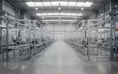 Eine weitläufige, moderne Industriehalle mit geordneten Montagelinien und sauberem Betonboden in einer Fabrik. - Foto: über boerse-global.de