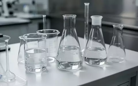 Labor-Glasgefäße mit klaren Flüssigkeiten auf einem weißen Arbeitstisch in einem wissenschaftlichen Labor. - Foto: über boerse-global.de