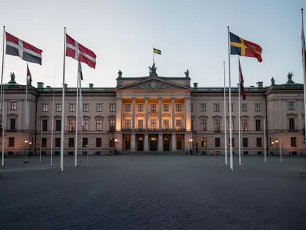 Das Königsschloss in Oslo bei Dämmerung mit Flaggen auf halbmast im Schlossinnenhof. - Foto: über boerse-global.de