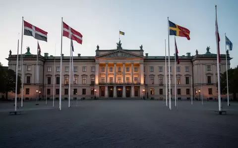 Das Königsschloss in Oslo bei Dämmerung mit Flaggen auf halbmast im Schlossinnenhof. - Foto: über boerse-global.de