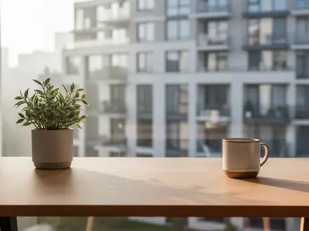 Ein minimalistischer Arbeitsplatz mit einem Holztisch, einer kleinen Pflanze und einer Kaffeetasse vor einem hellen Fenster. - Foto: über boerse-global.de