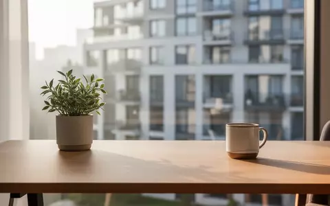 Ein minimalistischer Arbeitsplatz mit einem Holztisch, einer kleinen Pflanze und einer Kaffeetasse vor einem hellen Fenster. - Foto: über boerse-global.de