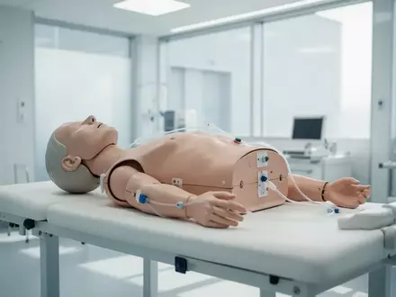 Ein moderner, leerer medizinischer Trainingsraum mit einer Simulationspuppe auf einem Untersuchungstisch in heller, klinischer Umgebung. - Foto: über boerse-global.de