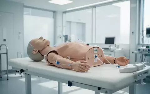 Ein moderner, leerer medizinischer Trainingsraum mit einer Simulationspuppe auf einem Untersuchungstisch in heller, klinischer Umgebung. - Foto: über boerse-global.de