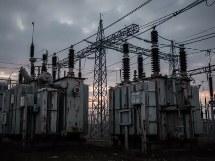 Ein Hochspannungsumspannwerk mit großen Transformatoren und Stahlgittermasten bei Dämmerung. - Foto: über boerse-global.de