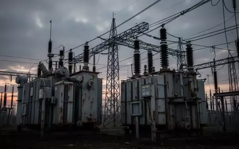 Ein Hochspannungsumspannwerk mit großen Transformatoren und Stahlgittermasten bei Dämmerung. - Foto: über boerse-global.de