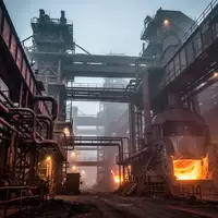 Industrielle Kulisse eines Stahlwerks mit massiven Metallstrukturen und Rohrleitungen in einer nebligen Umgebung. - Foto: über boerse-global.de