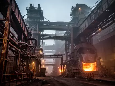 Industrielle Kulisse eines Stahlwerks mit massiven Metallstrukturen und Rohrleitungen in einer nebligen Umgebung. - Foto: über boerse-global.de