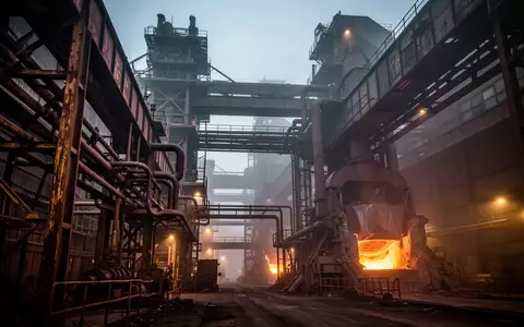 Industrielle Kulisse eines Stahlwerks mit massiven Metallstrukturen und Rohrleitungen in einer nebligen Umgebung. - Foto: über boerse-global.de