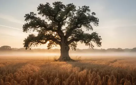 Ein einsamer, knorriger Eichenbaum in einem goldenen Weizenfeld bei Sonnenaufgang mit leichtem Morgennebel. - Foto: über boerse-global.de