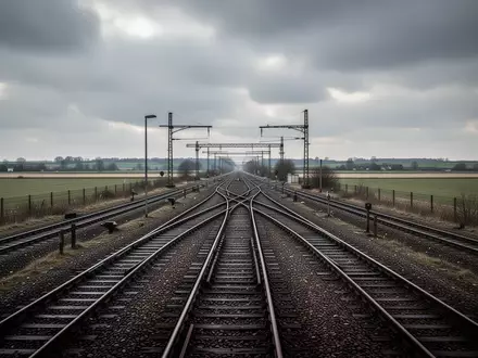 Leere Gleisanlagen und Weichen an einem bewölkten Tag in einer norddeutschen Landschaft. - Foto: über boerse-global.de