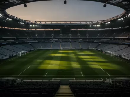 Leeres Fußballstadion in der Dämmerung mit Blick auf das Spielfeld. - Foto: über boerse-global.de