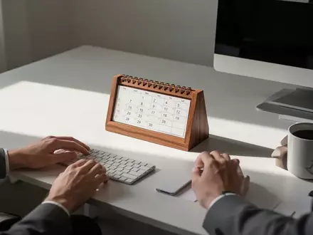 Ein minimalistischer, leerer Schreibtisch mit einem schlichten Holzkalender in natürlichem Licht. - Foto: über boerse-global.de