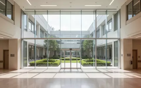 Heller, moderner Krankenhaus-Innenraum mit großen Glasfronten und Blick in einen begrünten Innenhof. - Foto: über boerse-global.de