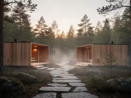 Eine moderne, minimalistische Saunalandschaft im Wald bei Morgendämmerung mit natürlichem Nebel und Holzarchitektur. - Foto: über boerse-global.de