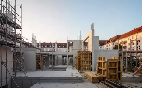 Eine moderne Baustelle mit Betonstrukturen und Gerüsten im Stadtteil Stühlinger bei Sonnenuntergang. - Foto: über boerse-global.de