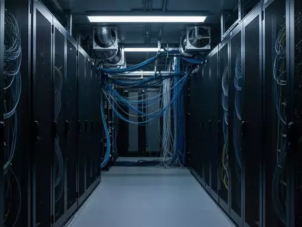 Ein minimalistisch beleuchteter Serverraum mit dunklen Metallschränken und blauen Lichtakzenten. - Foto: über boerse-global.de