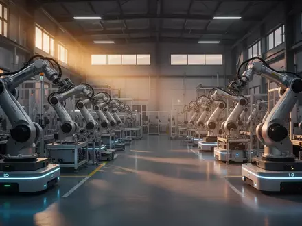 Moderne, leere Industriehalle mit automatisierten Robotersystemen und Fertigungsanlagen bei Dämmerlicht. - Foto: über boerse-global.de