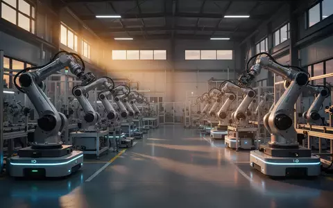 Moderne, leere Industriehalle mit automatisierten Robotersystemen und Fertigungsanlagen bei Dämmerlicht. - Foto: über boerse-global.de