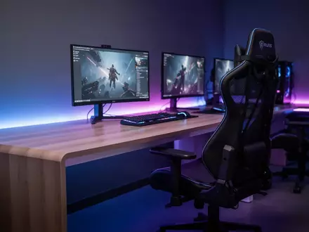 Ein modern eingerichteter E-Sport-Trainingsraum mit minimalistischem Schreibtisch und atmosphärischer LED-Beleuchtung. - Foto: über boerse-global.de