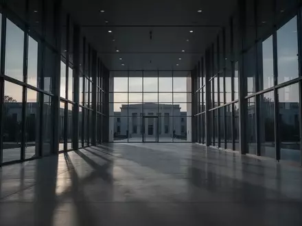 Ein langer, leerer Flur in einem modernen Regierungsgebäude mit Glaswänden und polierten Betonböden in der Dämmerung. - Foto: über boerse-global.de