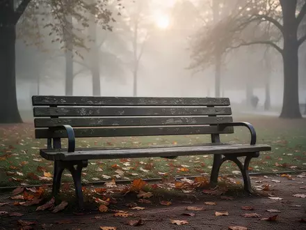 Eine einsame Parkbank in einem herbstlichen Park im Morgennebel als Symbol für Innehalten und Unterstützung. - Foto: über boerse-global.de