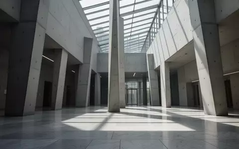 Minimalistische moderne Architektur mit geometrischen Betonpfeilern und hohen Glasdecken, die institutionelle Stabilität symbolisiert. - Foto: über boerse-global.de
