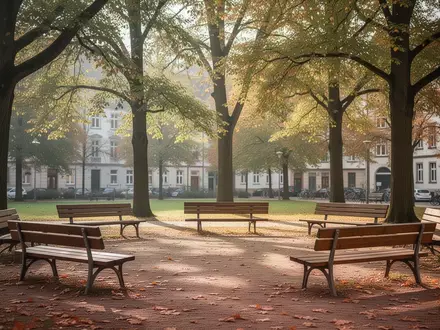 Ein sonniger, einladender Stadtpark mit leeren Holzbänken unter Bäumen im Herbst, der eine ruhige Gemeinschaftsatmosphäre vermittelt. - Foto: über boerse-global.de