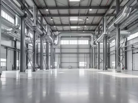 Innenansicht einer modernen, leeren Industriehalle mit Betonboden und hohen Stahlträgern bei natürlichem Tageslicht. - Foto: über boerse-global.de