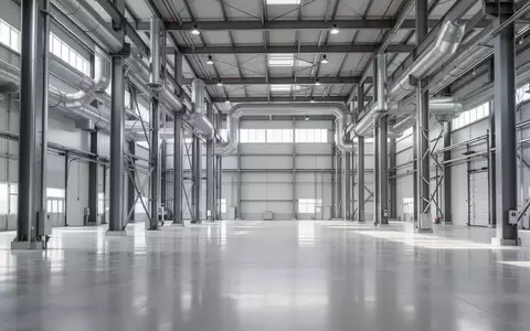 Innenansicht einer modernen, leeren Industriehalle mit Betonboden und hohen Stahlträgern bei natürlichem Tageslicht. - Foto: über boerse-global.de