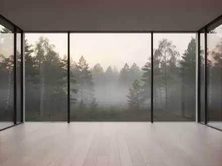 Ein minimalistischer, leerer Raum mit bodentiefen Fenstern und Blick auf einen nebligen Wald, der Ruhe und Klarheit symbolisiert. - Foto: über boerse-global.de