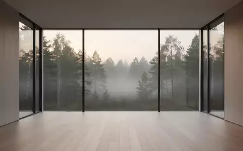 Ein minimalistischer, leerer Raum mit bodentiefen Fenstern und Blick auf einen nebligen Wald, der Ruhe und Klarheit symbolisiert. - Foto: über boerse-global.de