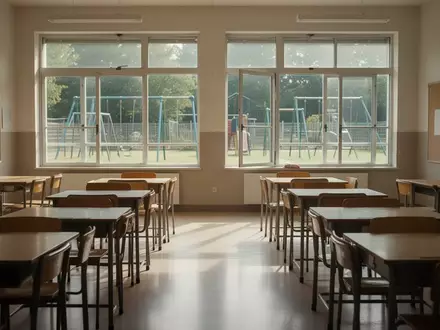 Ein leerer Klassenzimmerraum während der Sommerferien mit Blick auf einen Spielplatz durch das Fenster. - Foto: über boerse-global.de