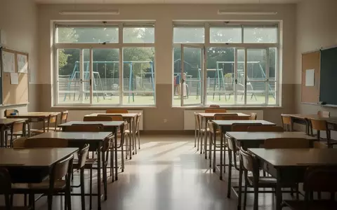 Ein leerer Klassenzimmerraum während der Sommerferien mit Blick auf einen Spielplatz durch das Fenster. - Foto: über boerse-global.de