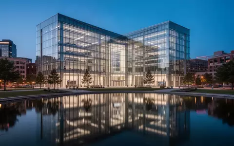 Moderne Glasarchitektur eines Bankgebäudes in Kansas City während der Dämmerung, gespiegelt in einem ruhigen Wasserbecken. - Foto: über boerse-global.de