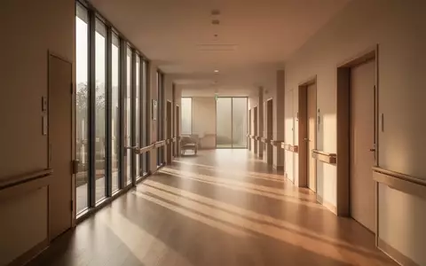 Ein heller, minimalistischer Flur in einer Pflegeeinrichtung mit einfallendem Sonnenlicht und Holzfußboden. - Foto: über boerse-global.de