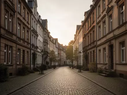 Eine ruhige, historische Wohnstraße in einer deutschen Stadt mit klassischer Architektur und Kopfsteinpflaster. - Foto: über boerse-global.de