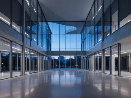 Modernes, leeres Bürogebäude mit Glasfassade und architektonischen Linien bei Dämmerung. - Foto: über boerse-global.de