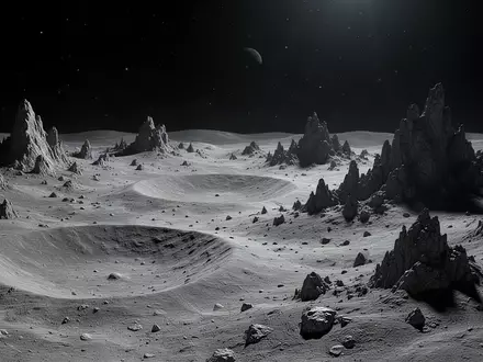 Eine karge Mondlandschaft mit Kratern und schroffen Felsen unter einem sternenklaren Nachthimmel. - Foto: über boerse-global.de