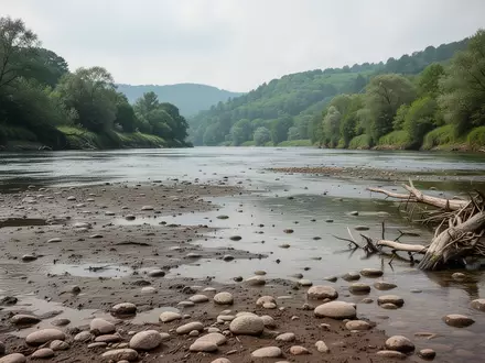 Ein naturbelassenes Flussufer bei Niedrigwasser mit freiliegendem Kiesbett und angrenzender grüner Ufervegetation. - Foto: über boerse-global.de
