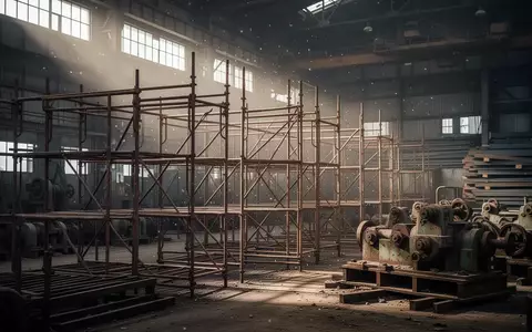 Leere, industrielle Werkshalle einer Stahlrohrfabrik mit verstaubten Maschinen und gestapelten Rohmaterialien. - Foto: ĂĽber boerse-global.de