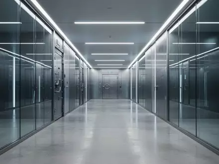 Ein minimalistischer, modern gestalteter Tresorgang in einer Bank mit poliertem Betonboden und kühler, architektonischer Beleuchtung. - Foto: über boerse-global.de