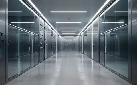 Ein minimalistischer, modern gestalteter Tresorgang in einer Bank mit poliertem Betonboden und kühler, architektonischer Beleuchtung. - Foto: über boerse-global.de