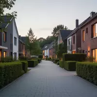 Eine ruhige Wohnstraße in einer deutschen Kleinstadt bei Dämmerung mit gepflegten Häusern und Gehwegen. - Foto: über boerse-global.de